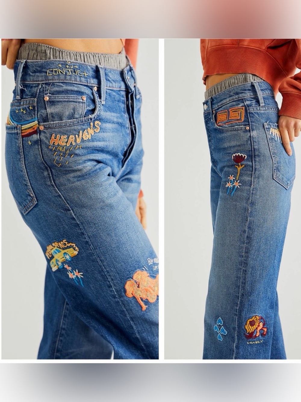MOTHER Superior The Rambler Sneak Jeans Running with Scissors Embroidered 23 EUC